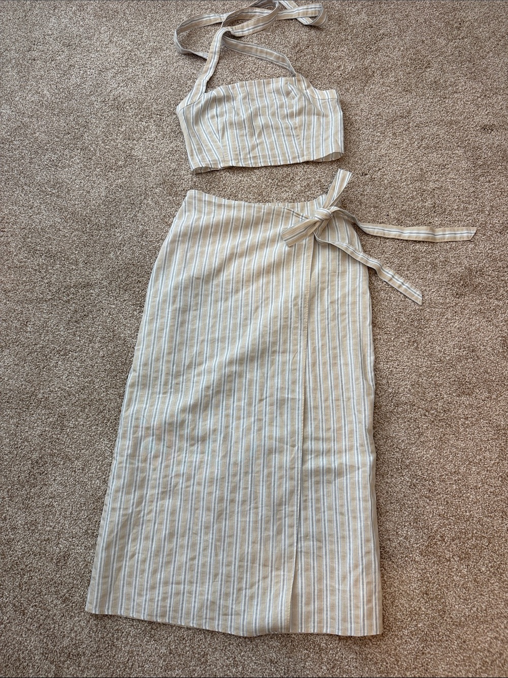 H&M Cream and Blue Striped Two-Piece Maxi Dress